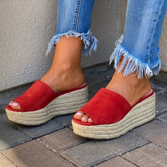 Schutz Red Suede Slide Espadrille Wedge Sandals - Picture 4 of 9